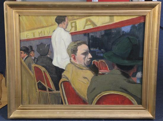 1920s French School Café scene with figures seated beneath an awning, 18 x 24in.